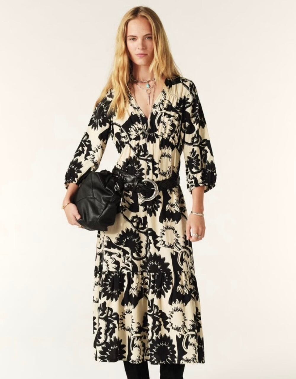 Ba&sh Ferae Midi Dress Floral Linen Blend 3/4 Puff Sleeve Smocked Boho Maxi
